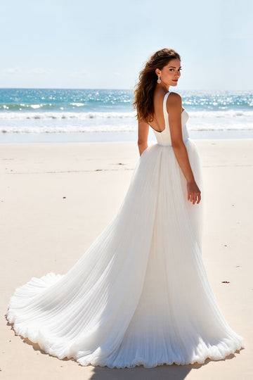 A Line Square Neck Ivory Pleated Wedding Dress